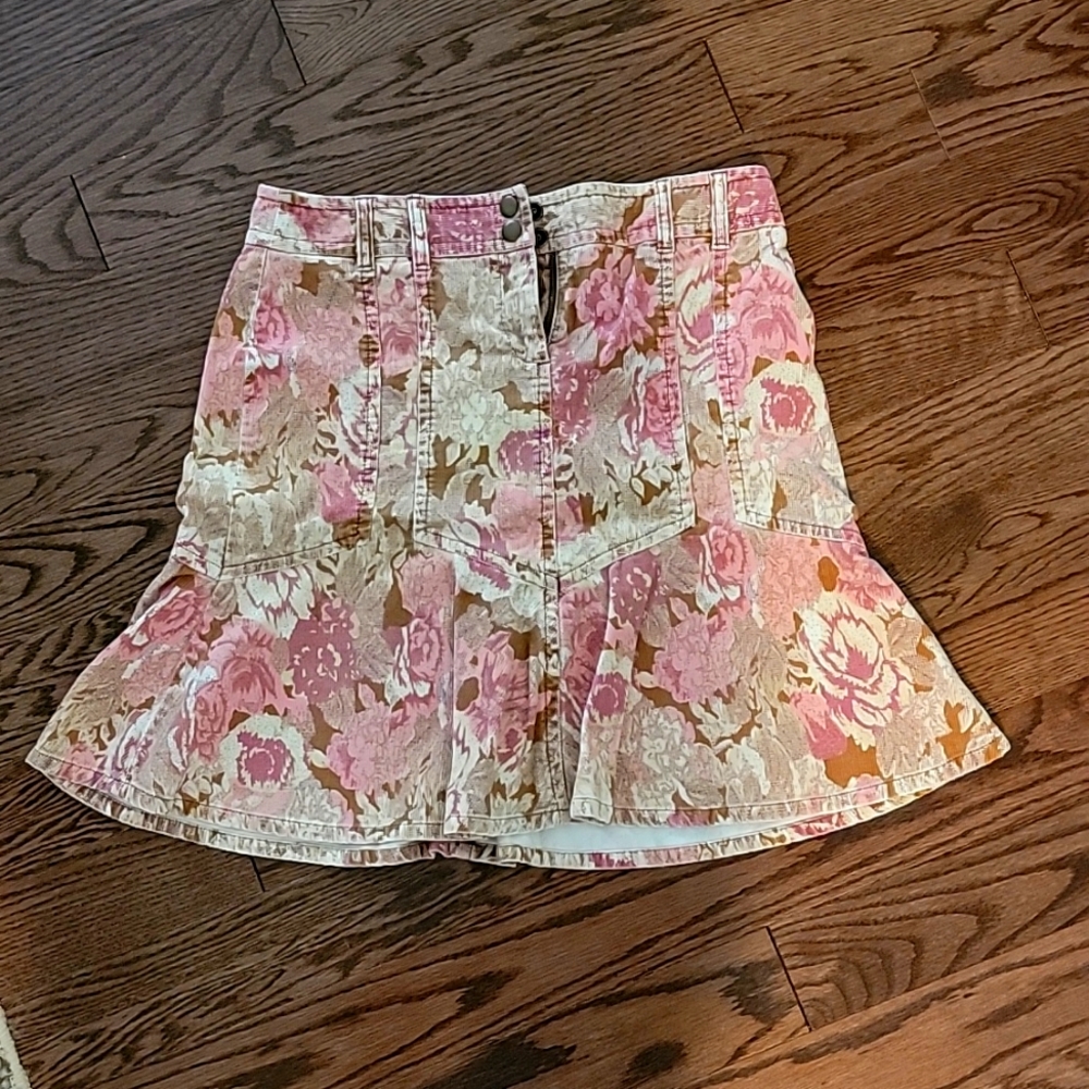 LOFT Pink Brown Floral Corduroy Peplum Skirt Sz 8